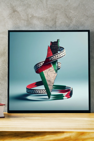 Frame of map of Palestine is surrounded by the Palestinian flag